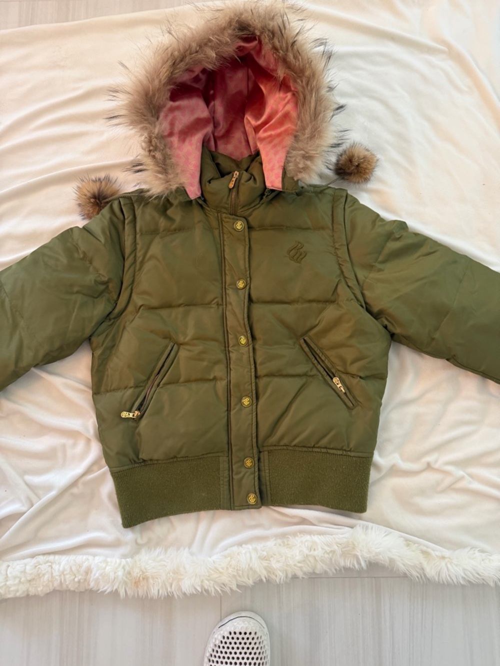 Rocawear Olive Green Puffer Jacket with Pink Lined Hood and Faux Fur Trim